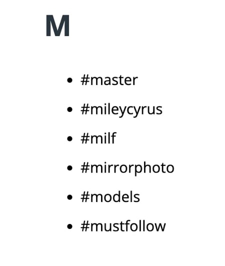 Banned hashtags starting with the letter M, which should be avoided or deleted to get unshadowbanned on Instagram