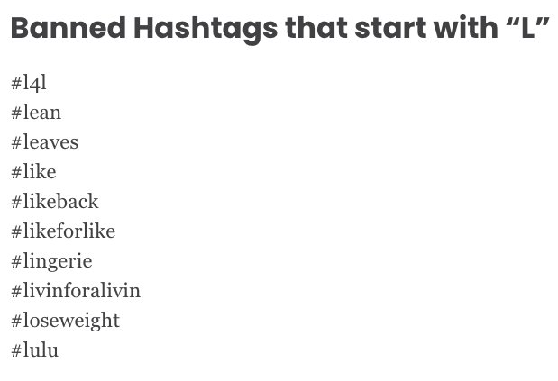 Banned hashtags starting with the letter l, which should be avoided or deleted to get unshadowbanned on Instagram