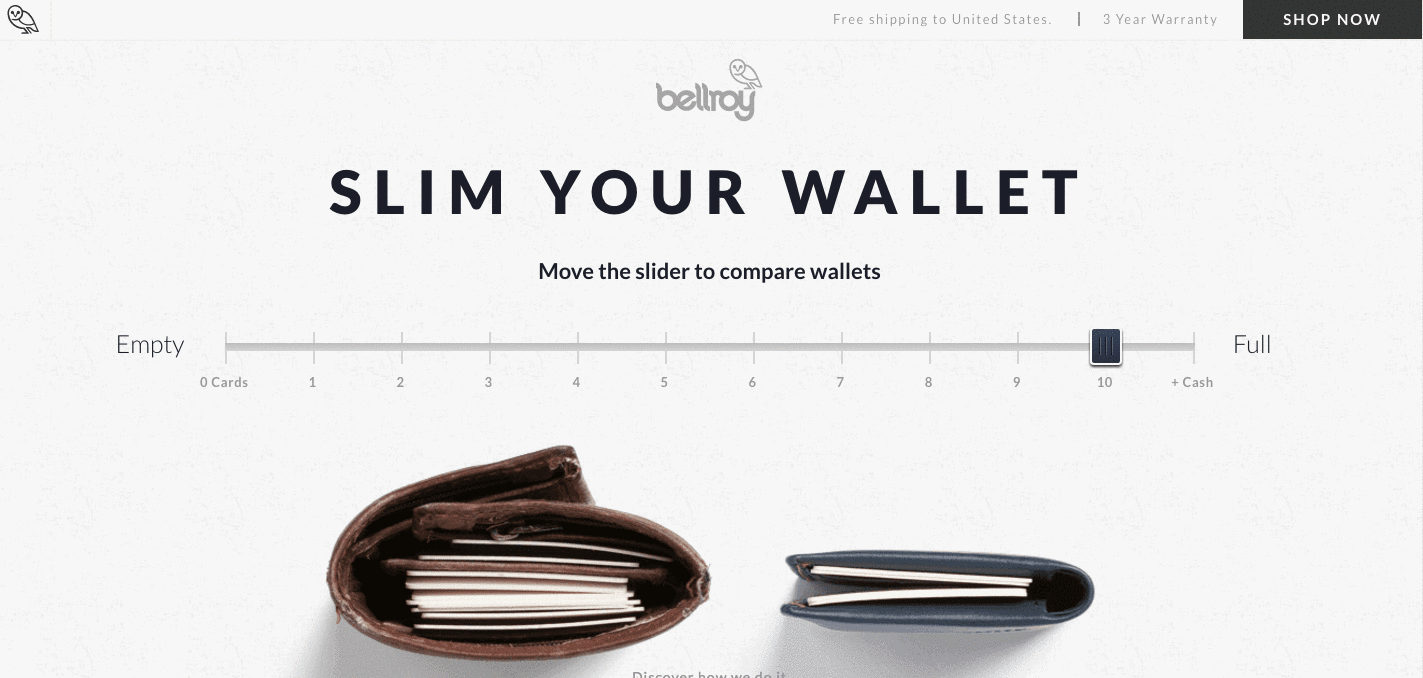  Product page of Bellroy wallets with a 'Slim Your Wallet' scale