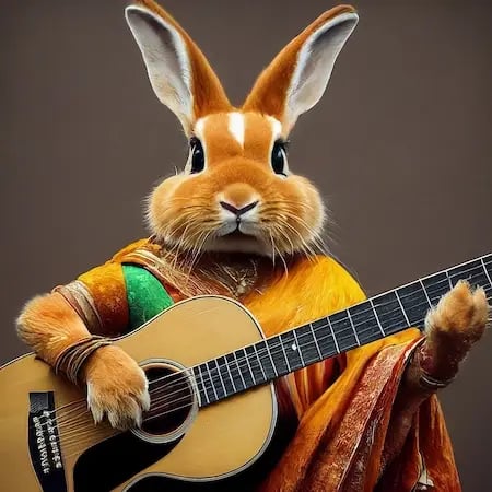 An orange rabbit wearing a traditional indian sari playing an acoustic guitar, generated by Google Gemini