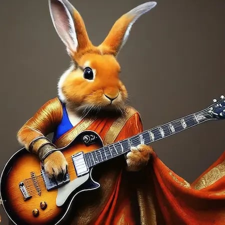 An orange rabbit wearing a traditional indian sari playing an electric guitar, generated by Google Gemini