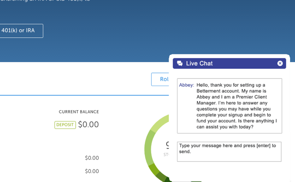 Betterment website using live chat to engage new account holders