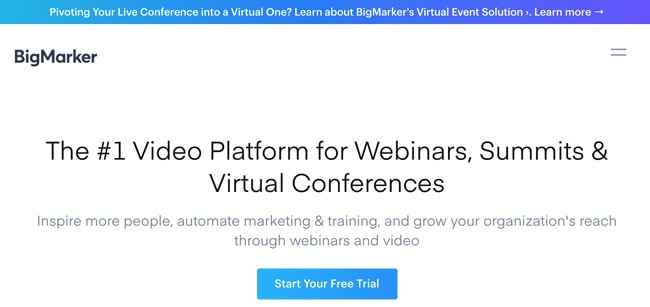 BigMarker Website homepage with a blue and purple gradient bar and text that reads the number one video platform for webinars, summits and virtual conferences and a call-to-action inviting you to start a free trial
