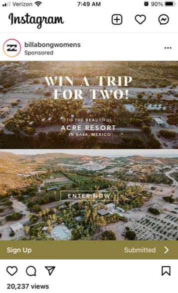 Billabong advertises vacation giveaway marketing offer via Instagram