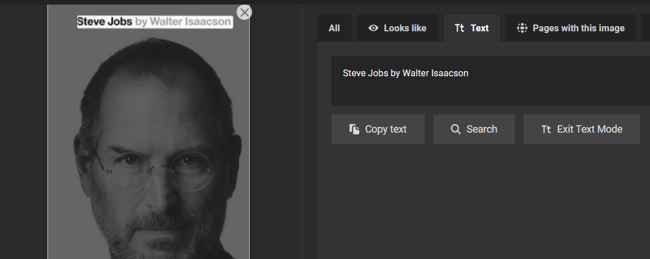 Bing images search page includes text from image of Steve Jobs