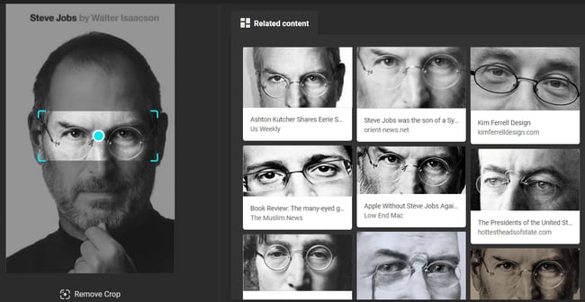 Bing images showign related content based on portion of Steve jobs face