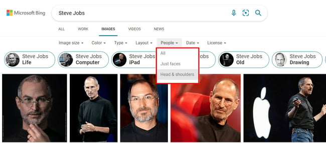 Bing images with filter for just faces or heads and shoulders