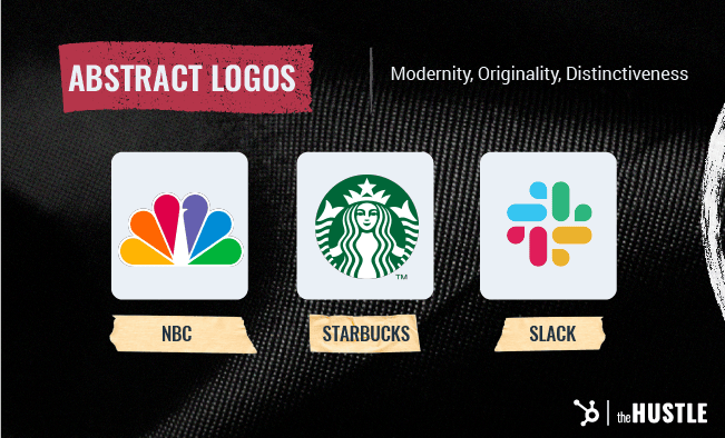 Shape Psychology in Logo Design: Abstract logos, such as NBC, Starbucks, and Slack, convey modernity, originality, and distinctiveness.