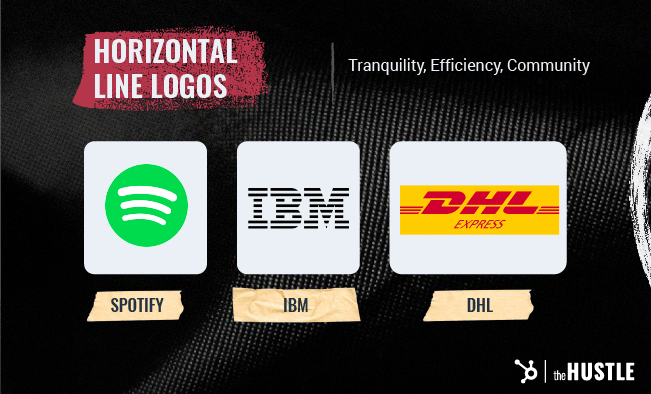 Shape Psychology in Logo Design: Horizontal line logos, such as Spotify, IBM, and DHL, convey tranquility, efficiency, and community.
