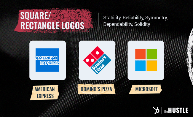 Shape Psychology in Logo Design: Square/rectangle logos, such as American Express, Domino's Pizza, and Microsoft, convey stability, reliability, symmetry, dependability, and solidity.,