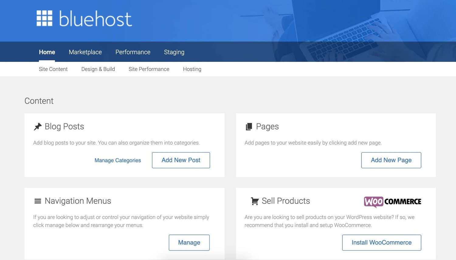 the Bluehost dashboard in WordPress