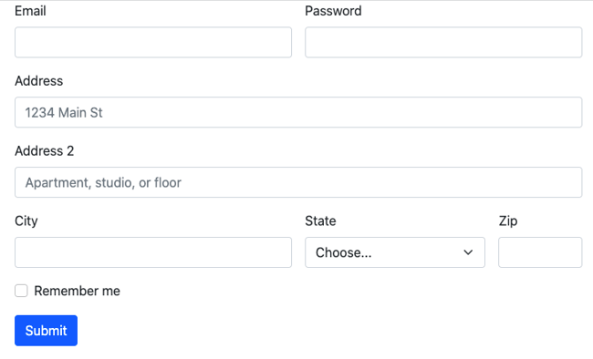 Bootstrap Address Form example uses Bootstraps grid classes to place city, state, and zip on the same horizontal row-1-1