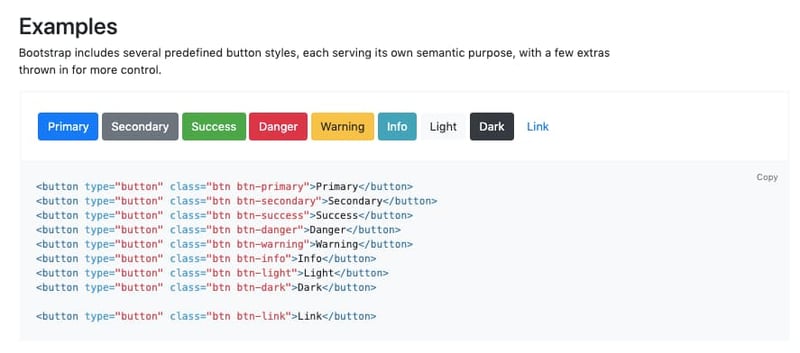 Bootstrap pre-designed buttons displayed with corresponding code including default modfier classes