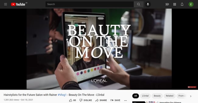 L'oreal video on youtube with lots of likes and shares showing positive brand reputation