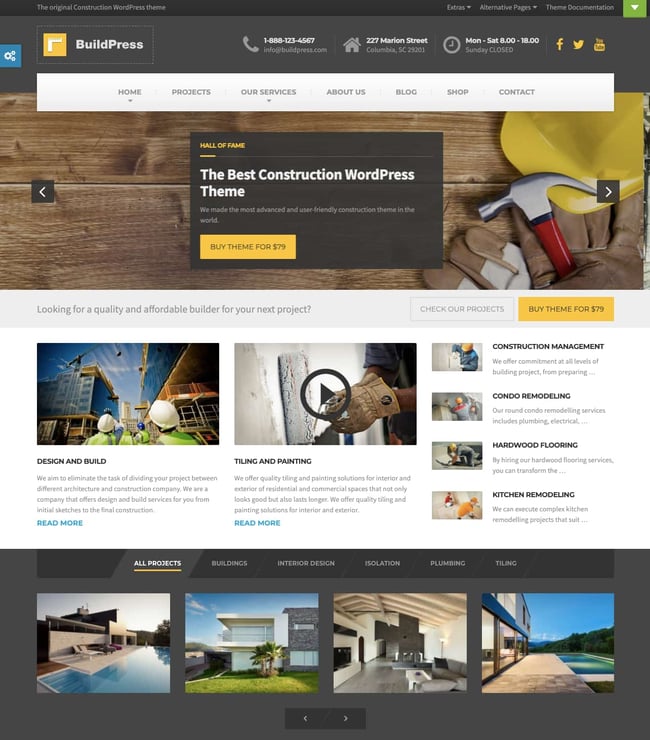 BuildPress Classic demo for WordPress shows construction webite with image slider and sidebar