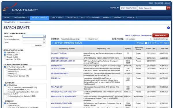 Grants.gov grant search database