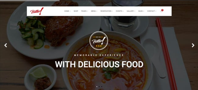 restaurant wordpress themes: Butter features background image with semi-transparent overlay and white navbar