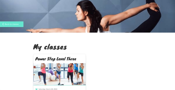 Screenshot van de pagina "My classes" van een yoga-website, gepersonaliseerd voor de gebruiker