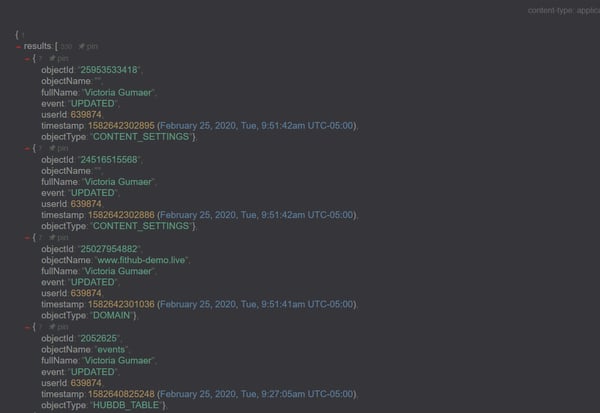 Example screenshot of a website's activity log