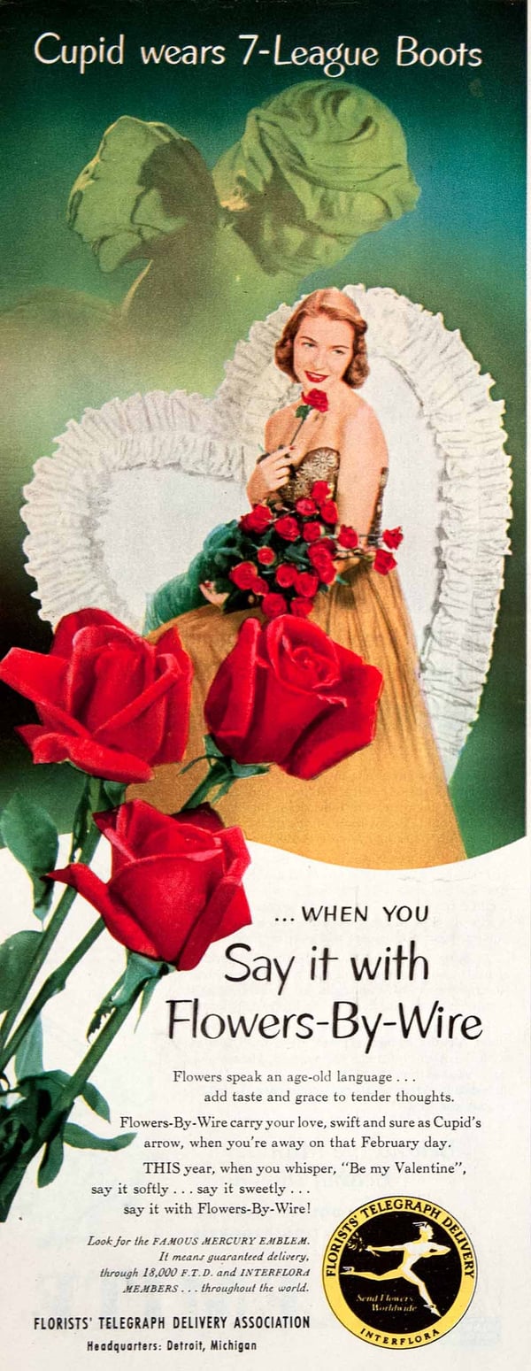 Valentine's Day advertisement with red roses and a woman in a gold dress