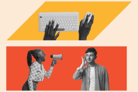 construction theme graphic shows two people talking one with megaphone and one listening. also shows hands typing on computer keyboard 
