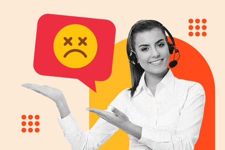 customer service phrases avoid: image shows a person wearing a headset with a sad emoji next to them 