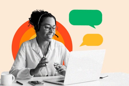 customer service training materials: image shows a customer service representative wearing a microphone headset and looking at their computer 