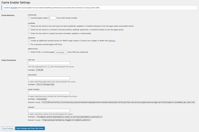 settings page for the wordpress cache plugin Cache Enabler