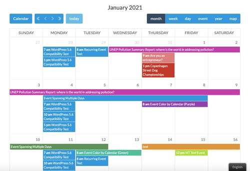 Calendrier montrant des rendez-vous colorés bloqués créés via le plugin Calendarize it!