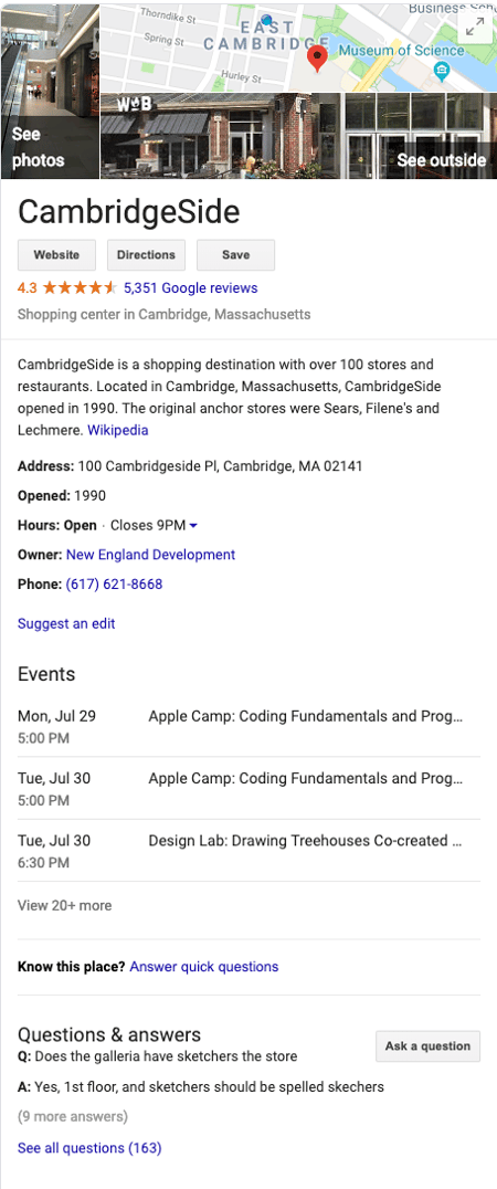 Cambridgeside%20Galleria%20Google%20My%20Business%20Listing 1.png?width=450&height=1076&name=Cambridgeside%20Galleria%20Google%20My%20Business%20Listing 1 - 32 Free Advertising Tips for Your Small, Large, or Local Business