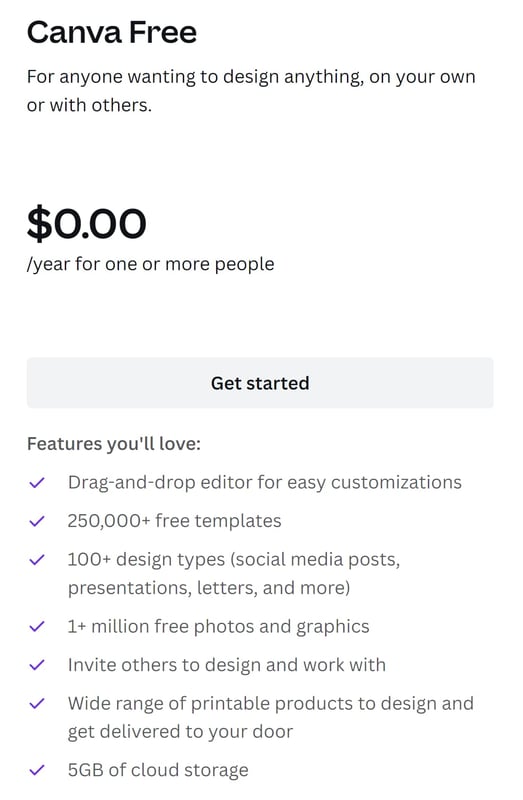 Screenshot of the product attributes of Canva's pricing tiers.