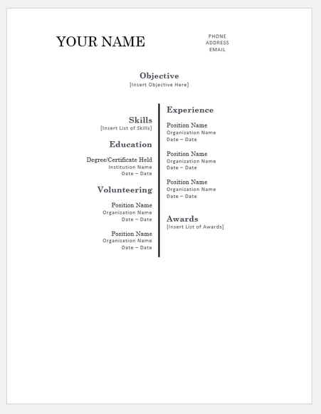 resume templates for word: Centered Bar Resume