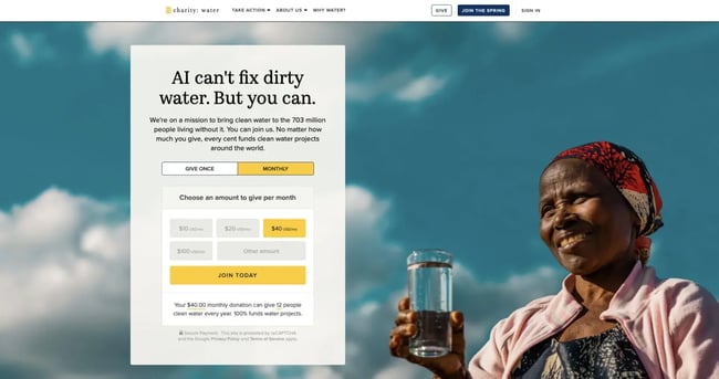 Homepage of charity: water.