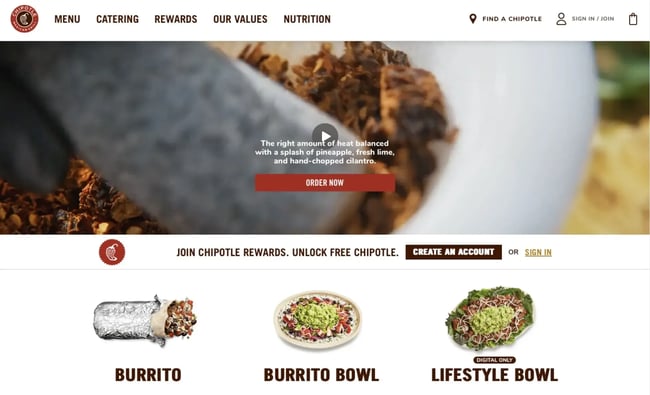 Homepage of Chipotle.