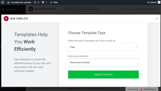 How to Create a Maintenance Mode Site With Elementor step 2: Choose template type and name it maintenance mode