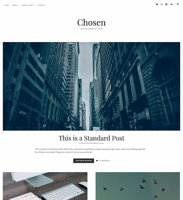 Chosen WordPress theme displays blog posts in minimalistic design