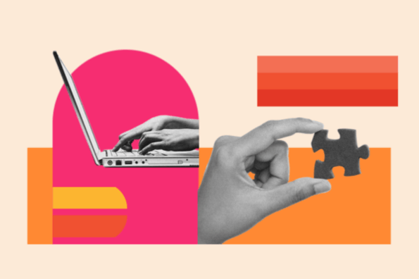 Chrome Extensions represented by black and white hands holding laptops and a puzzle piece on a bright colorful background