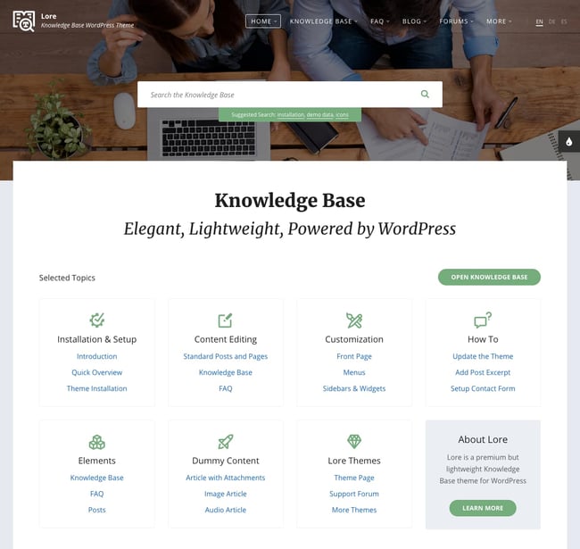 Classic Knowledge Base demo created with Lore theme for WordPress