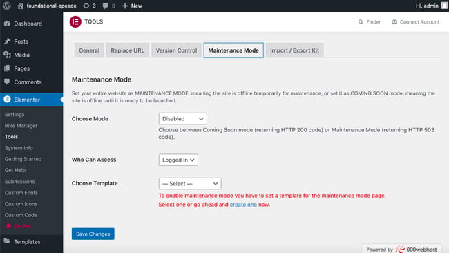How to Create a Maintenance Mode Site With Elementor step 7: Click Elementor and Tools and Maintenance Mode