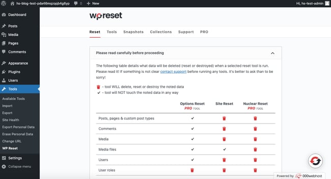Click Tools then WP Reset to begin resetting WordPress with a plugin