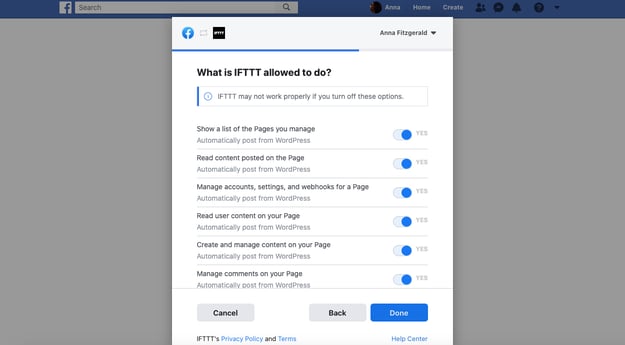 Click done to complete setting up the applet to automatically post from WordPress to Facebook