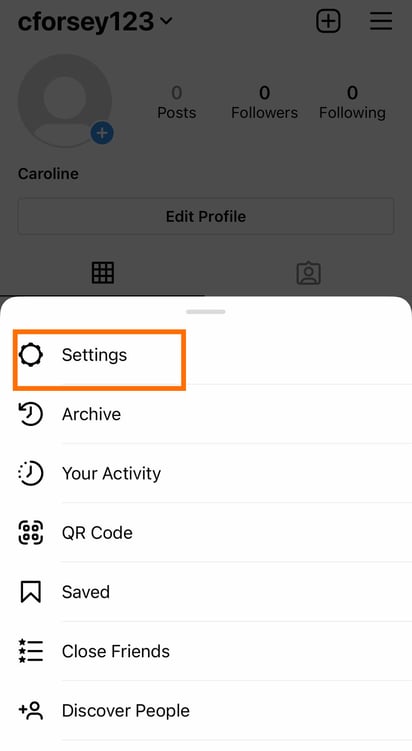 Click Settings in the slide-up navigation bar that appears on the Instagram app
