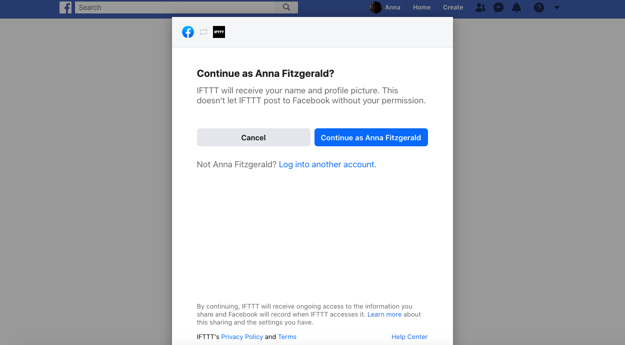 Click the Continue button to set up applet to automatically post to Facebook from WordPress