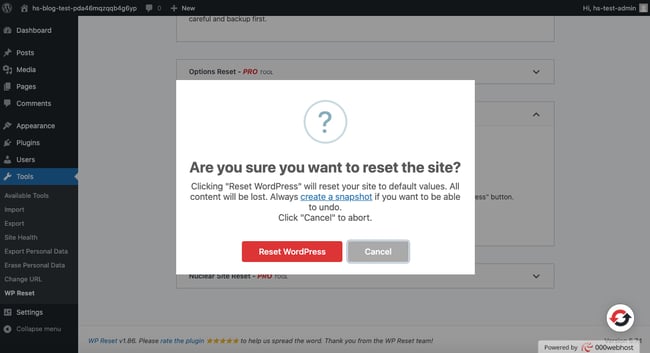 Click the Reset WordPress button to confirm resetting WordPress