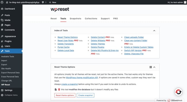 Click the WP Reset Plugin Tools tab to delete theme and plugin files instead of just deactivating them