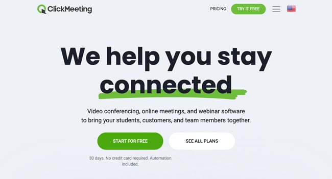 ClickMeeting Website Homepage with text that says We help you stay connected start for free and see all plans