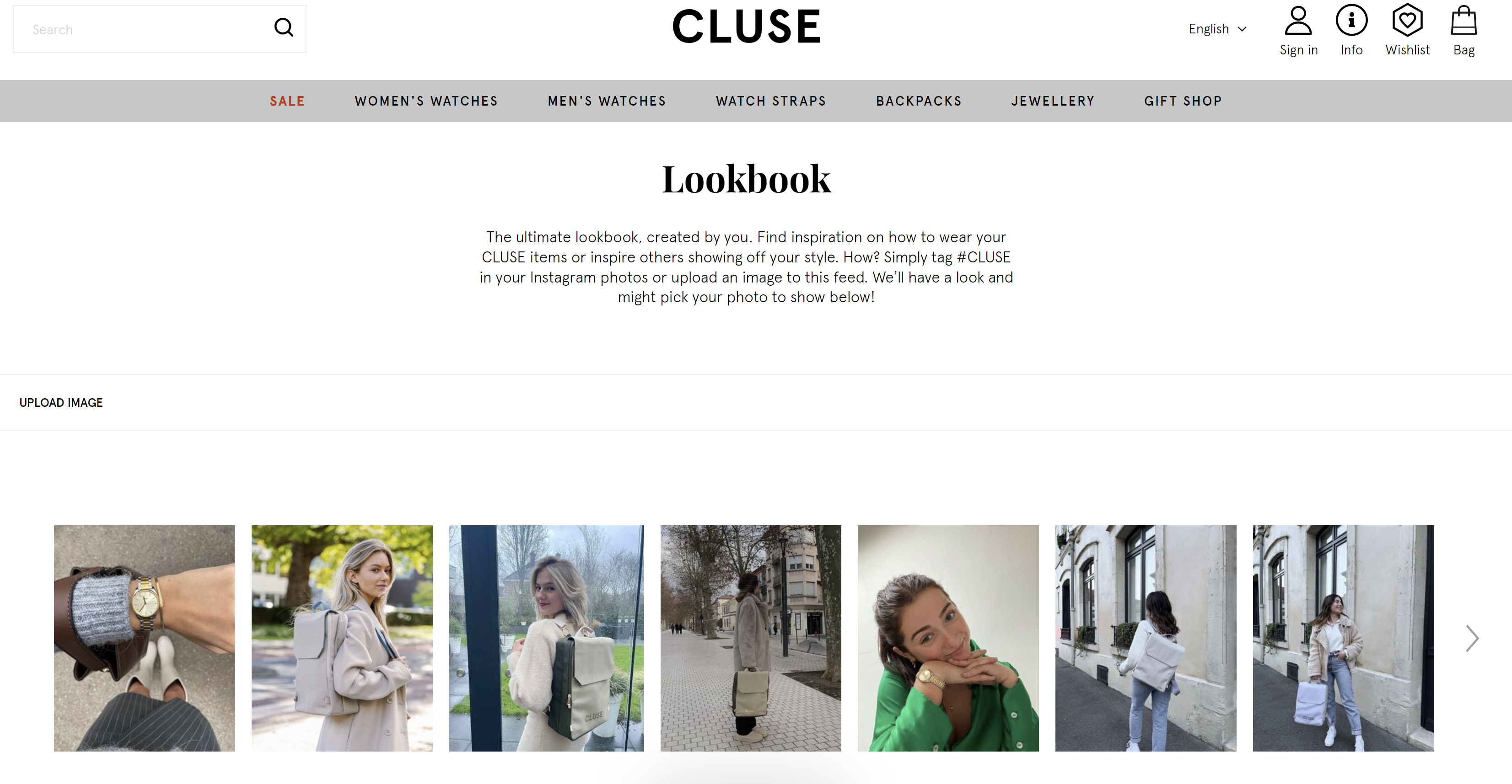 تصویری از صفحه لوک‌بوک Cluse در وب‌سایت آن‌ها که حاوی محتوای تولید شده توسط کاربر است. 