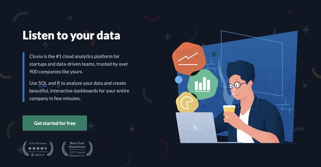 Cluvio homepage showing Business Intelligence options and analytics for small businesses