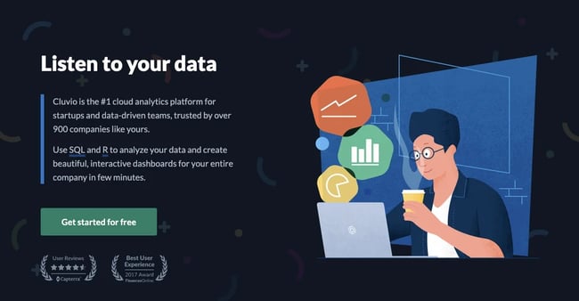 Cluvio homepage showing Business Intelligence options and analytics for small businesses