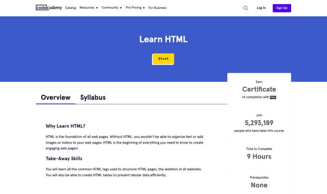 Codecademys Learn HTML class overview includes take-away skills and time to complete 